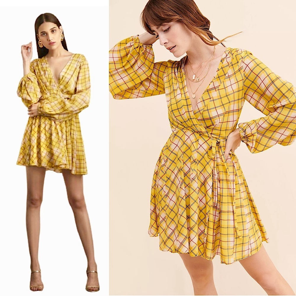 ROCOCO SAND 90s Tartan Plaid Puff Long Sleeve
V-Neck Wrap Pleated Mini Dress S